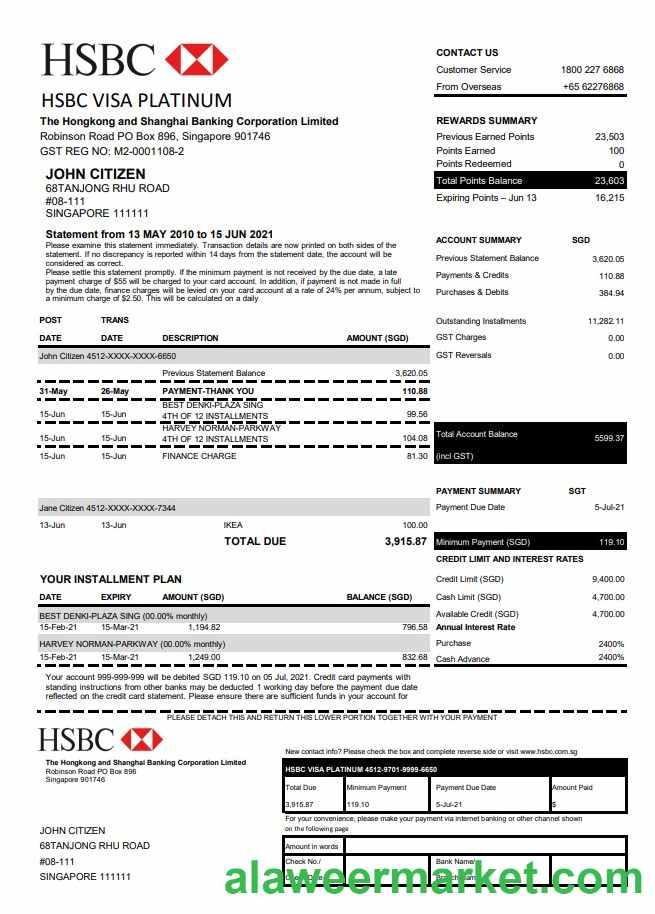 Hong Kong HSBC bank Visa Platinum credit card statement template in .xls and .pdf file format
